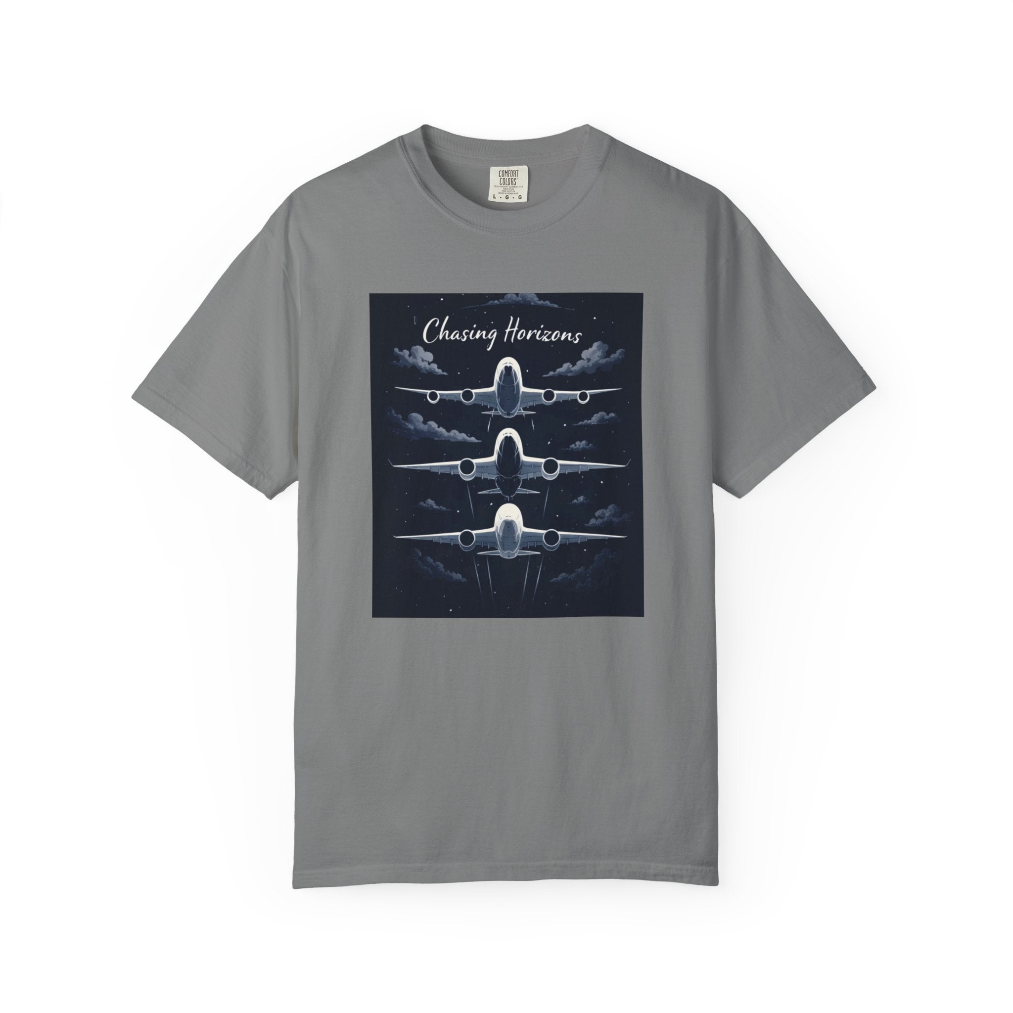 Aviation Graphic T-Shirt — "Chasing Horizons" Front/Back Travel Quote