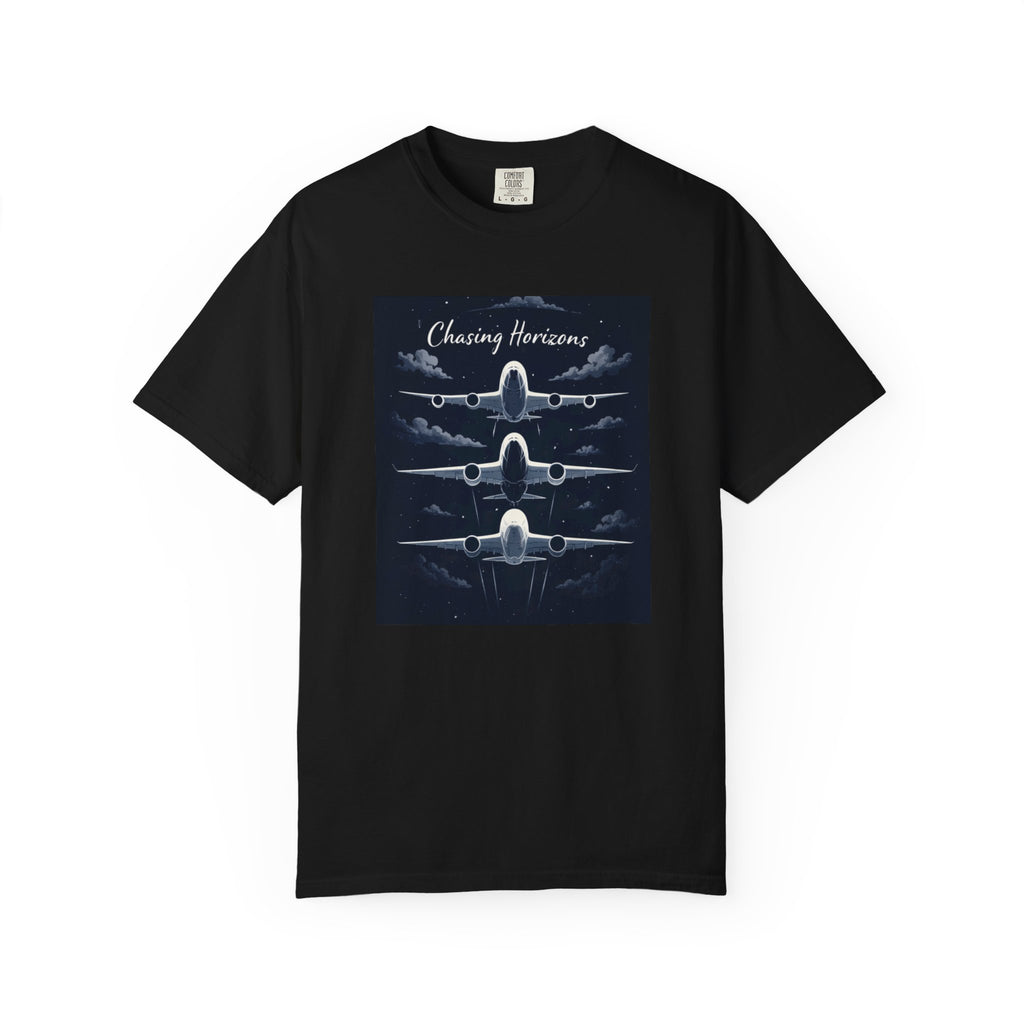 Aviation Graphic T-Shirt — "Chasing Horizons" Front/Back Travel Quote