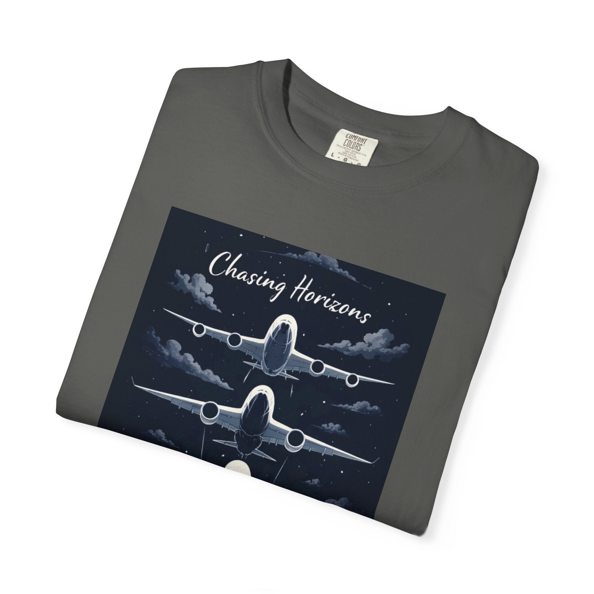Aviation Graphic T-Shirt — "Chasing Horizons" Front/Back Travel Quote