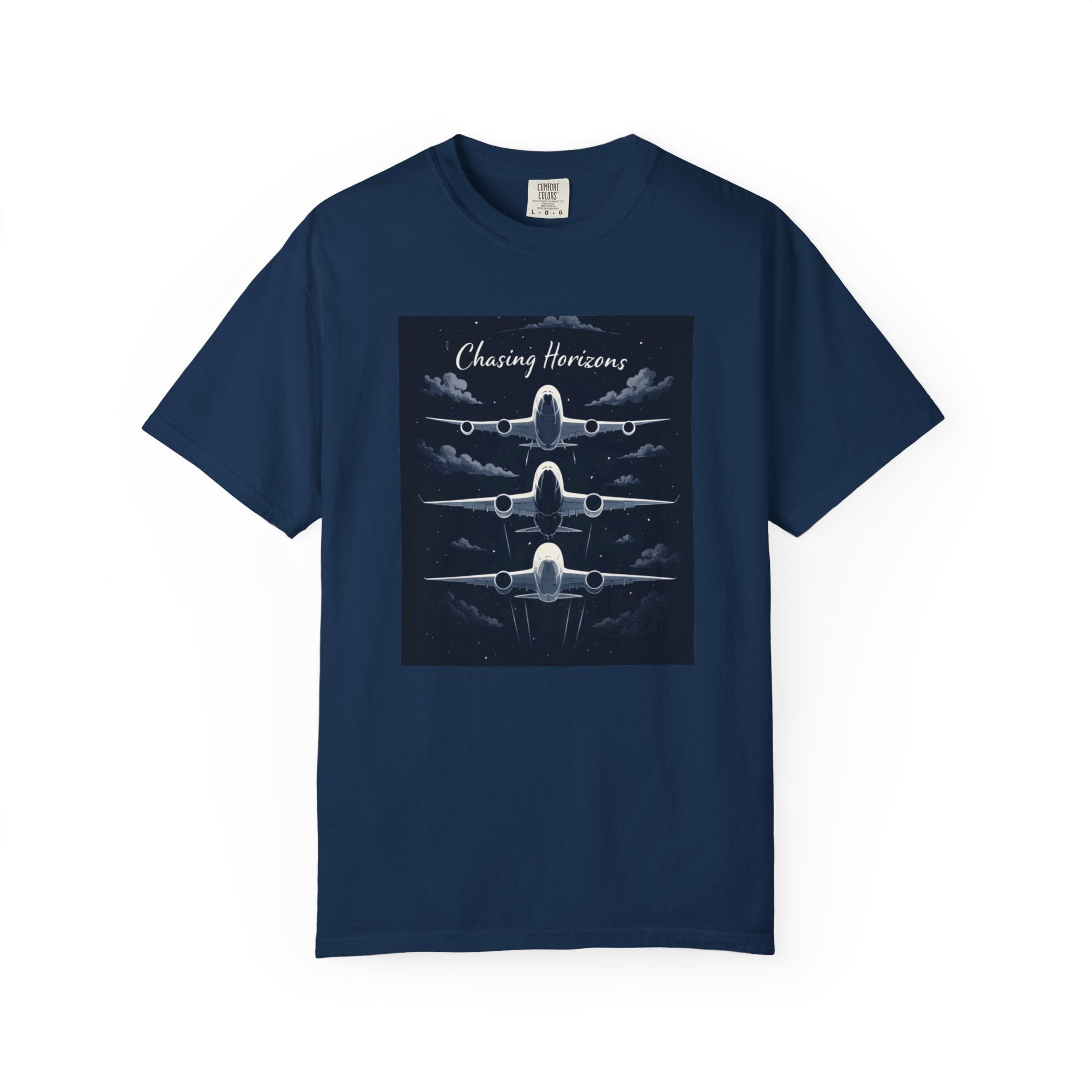 Aviation Graphic T-Shirt — "Chasing Horizons" Front/Back Travel Quote