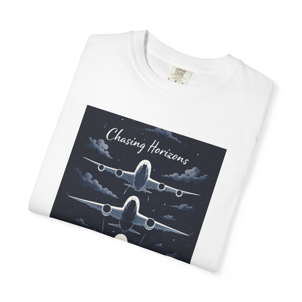Aviation Graphic T-Shirt — "Chasing Horizons" Front/Back Travel Quote
